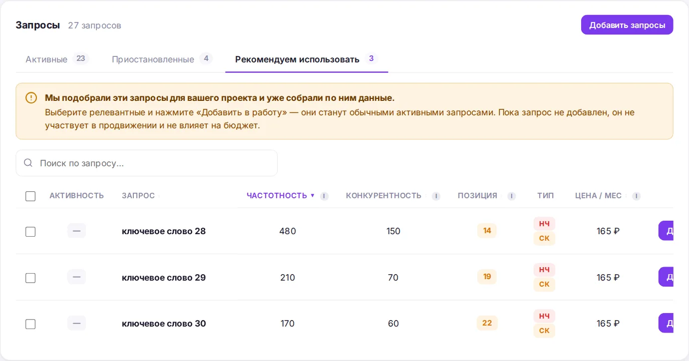 Вкладка «Рекомендуем использовать»