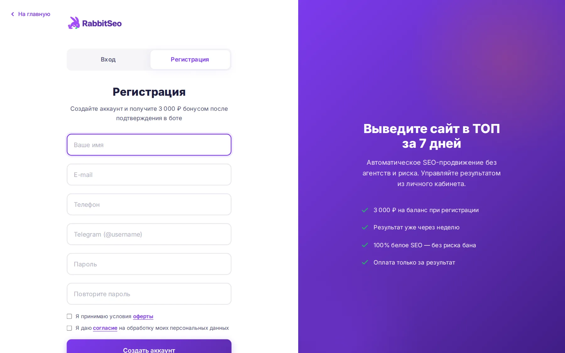 Форма регистрации RabbitSEO